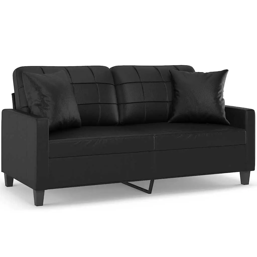 2-Seater Sofa Black Faux Leather Modern Lounge Couch with Throw Pillows 140cm