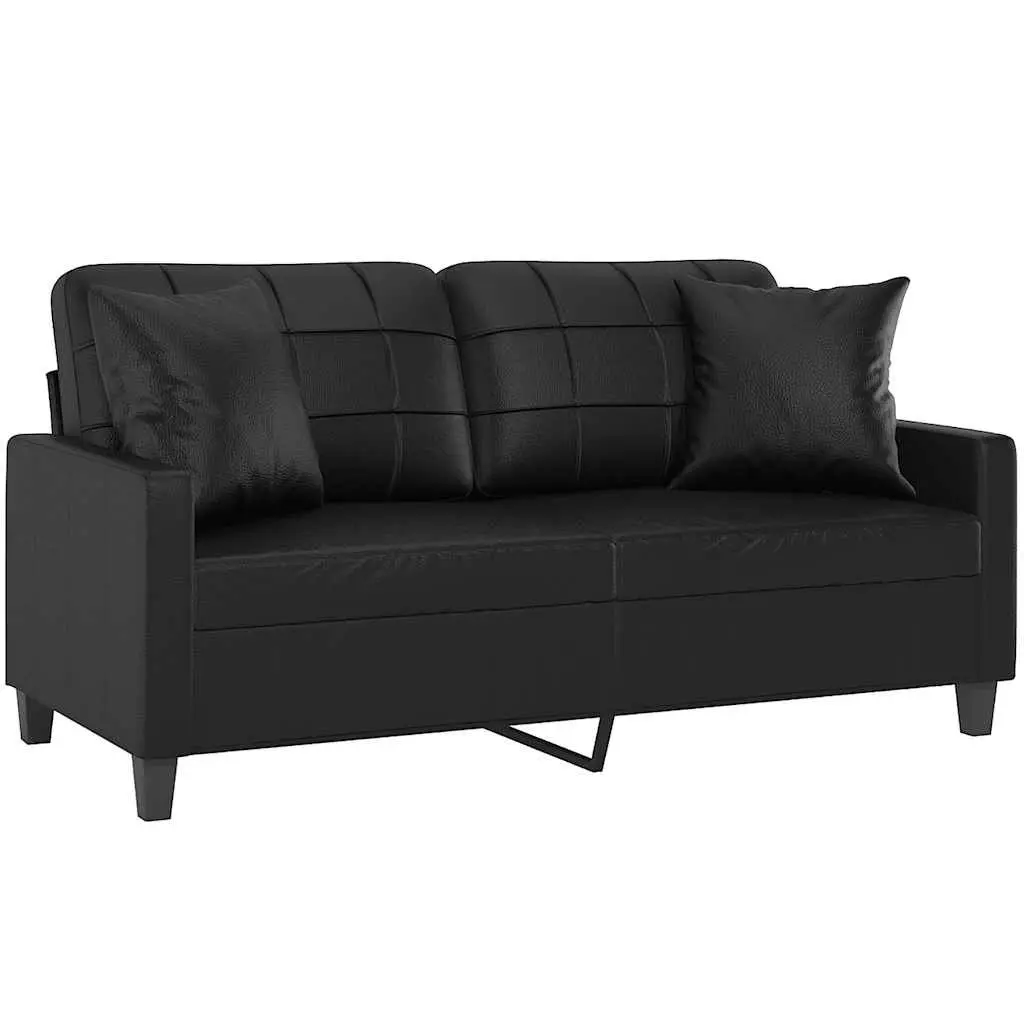 2-Seater Sofa Black Faux Leather Modern Lounge Couch with Throw Pillows 140cm
