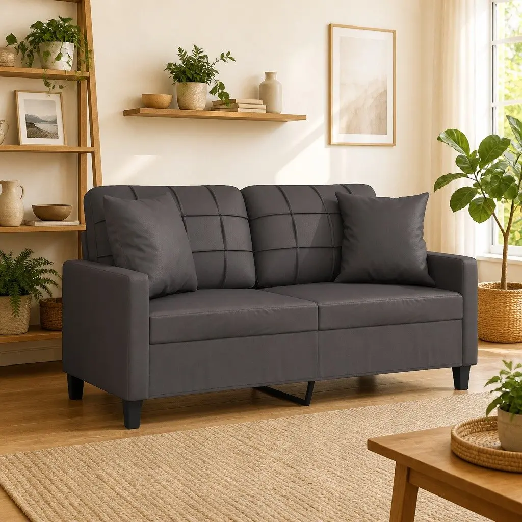 2-Seater Sofa Grey Faux Leather Lounge Couch with Throw Pillows 140cm Living