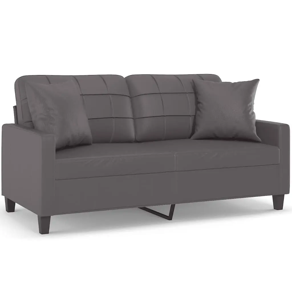 2-Seater Sofa Grey Faux Leather Lounge Couch with Throw Pillows 140cm Living