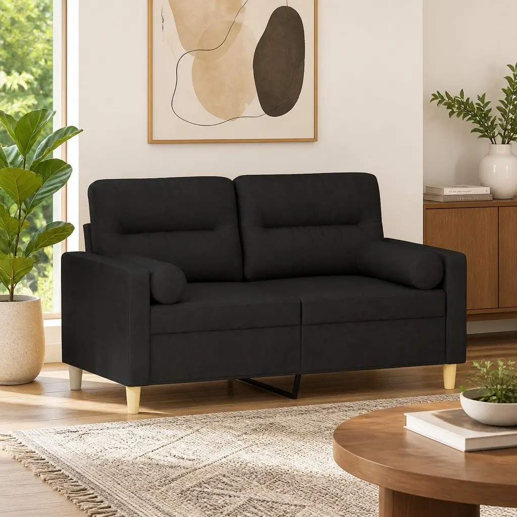 Black Fabric Sofa Modern Lounge 120cm 2-Seater Couch with Padded Seats and Throw Pillows