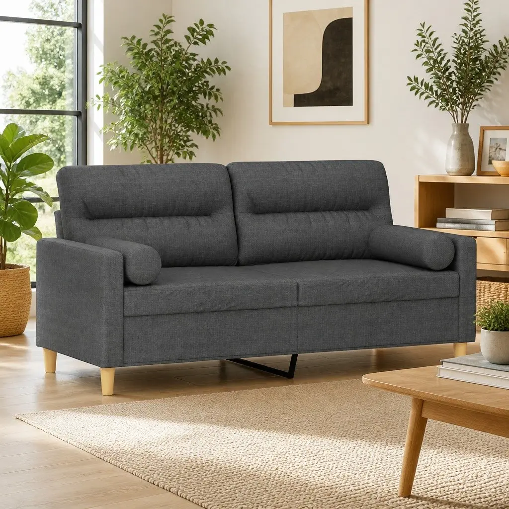 2-Seater Sofa Grey Fabric Modern Lounge with Throw Pillows 140cm