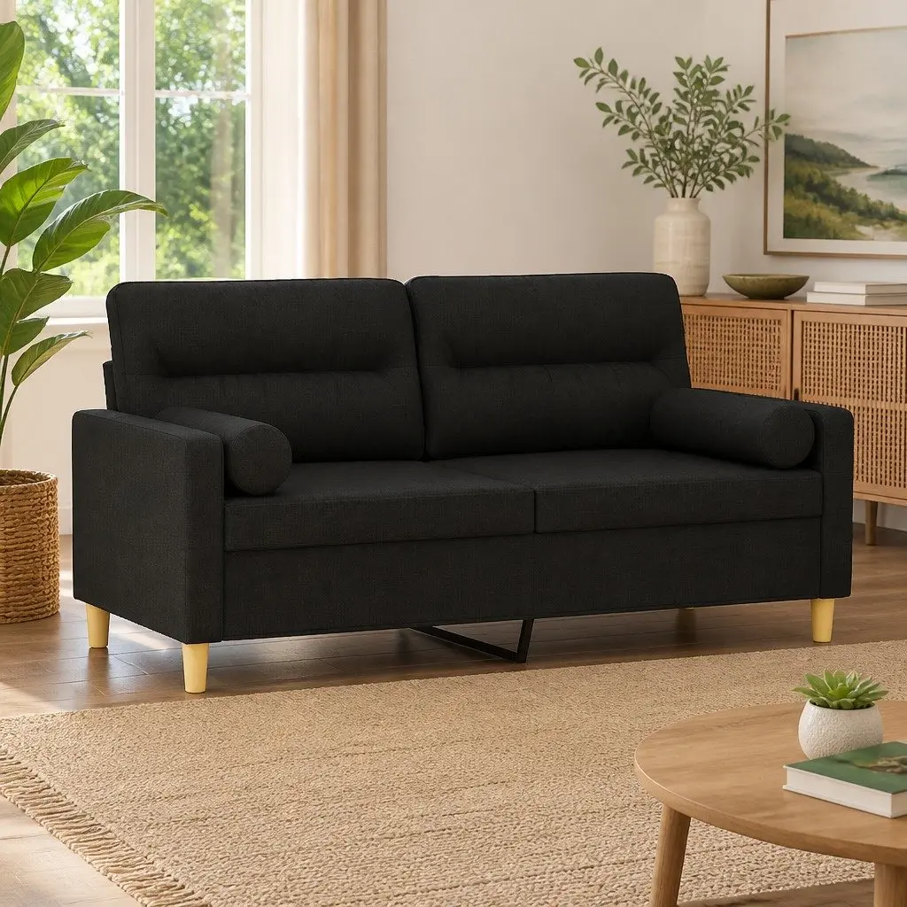 2-Seater Sofa Fabric 140cm Black Modern Lounge with Throw Pillows
