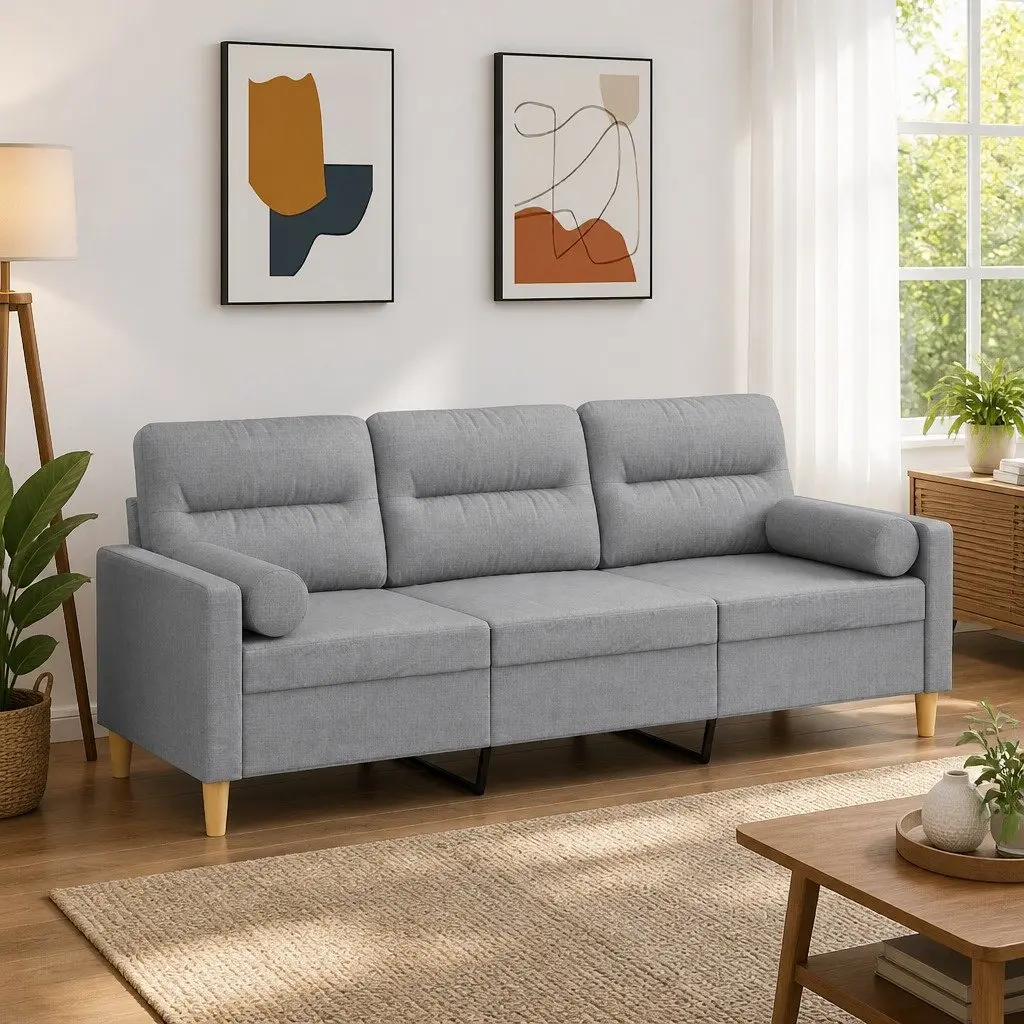Lounge Fabric Couch 180cm Light Grey 3-Seater with Decorative Throw Pillows