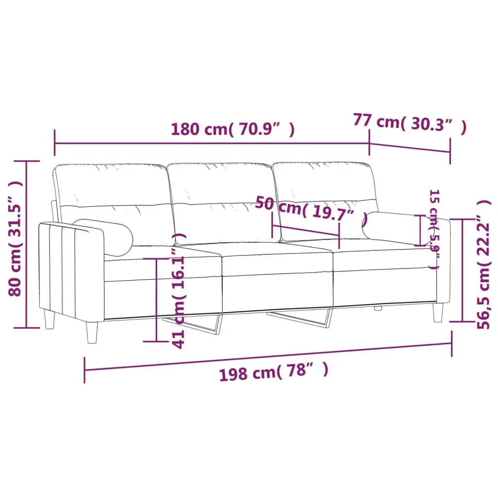 Lounge Fabric Couch 180cm Light Grey 3-Seater with Decorative Throw Pillows
