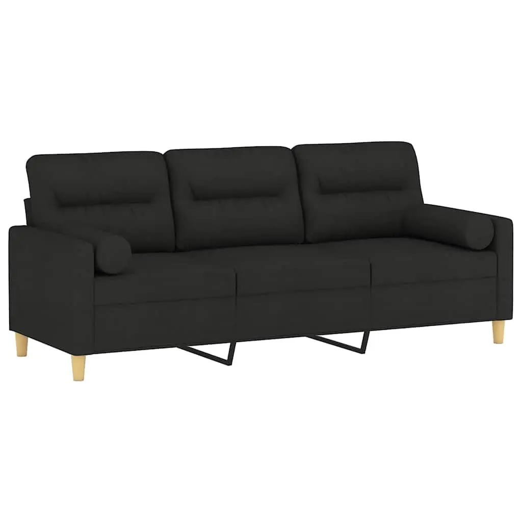 3-Seater Sofa Black Fabric Modern Living Room Couch with Throw Pillows 180cm
