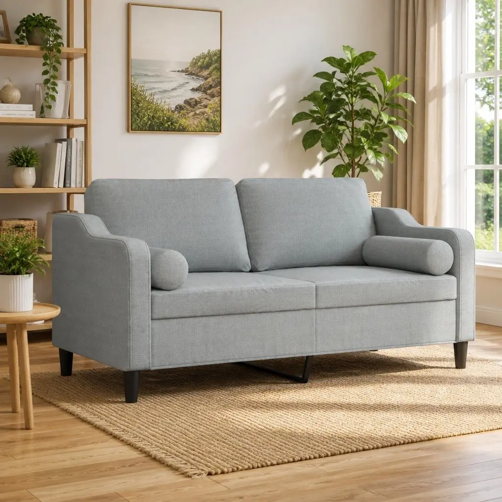 2-Seater Sofa Light Grey 140cm Fabric Lounge Couch with Throw Pillows Living
