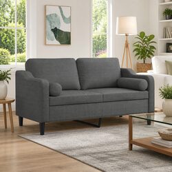 Comfortable 2-Seater Sofa for Living Rooms – Grey Fabric with Pillows