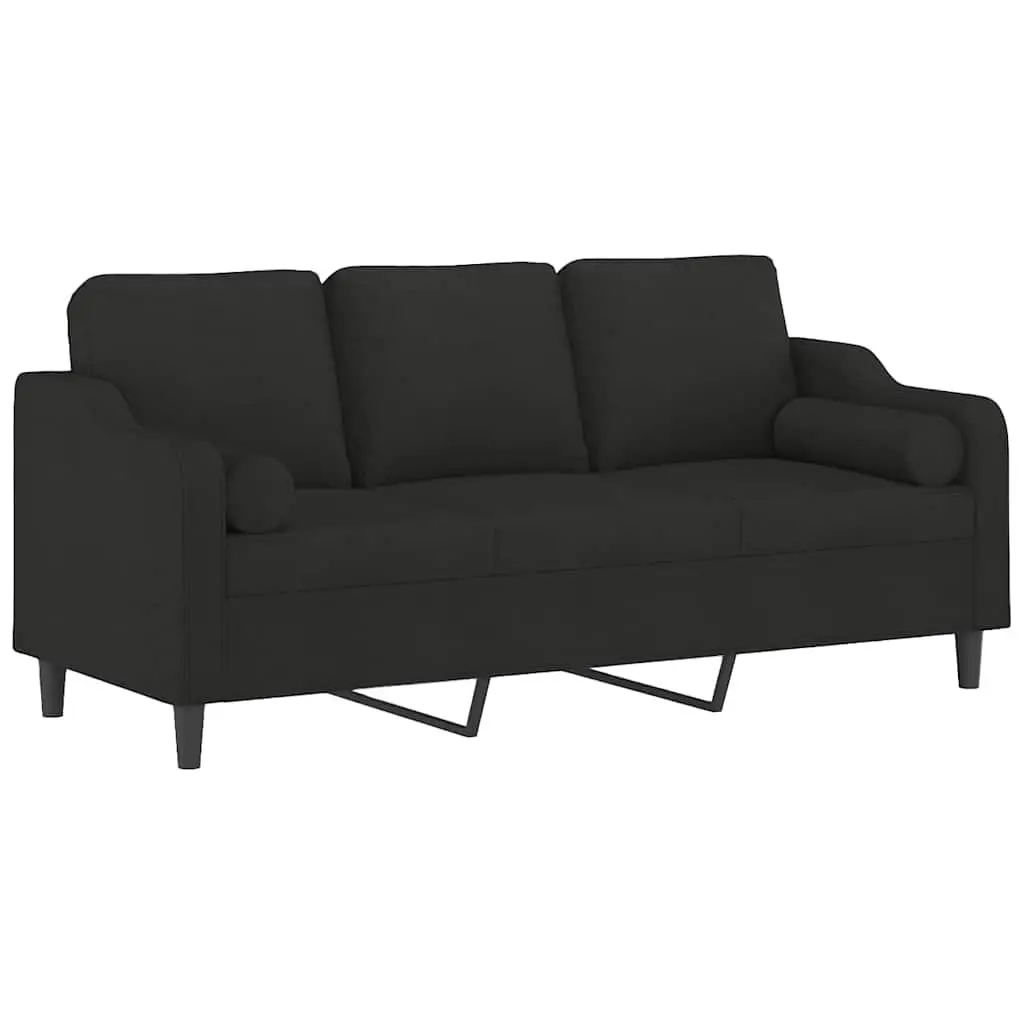 3-Seater Sofa Black Fabric Lounge Couch Modern Design with Throw Pillows 180cm