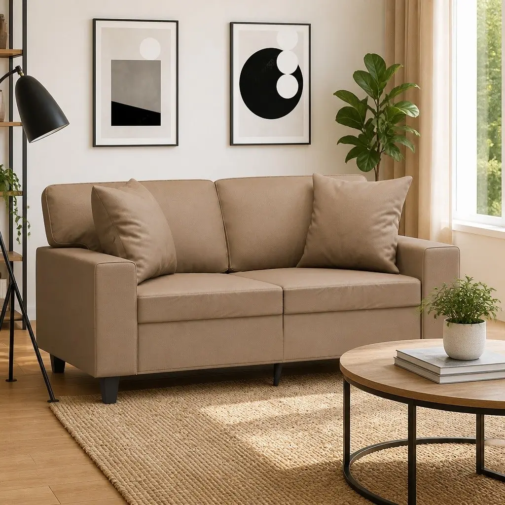 2-Seater Sofa Brown Faux Leather Modern Design Lounge Couch with Throw Pillows