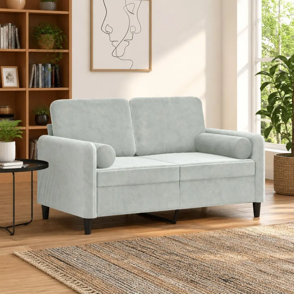 2-Seater Sofa Velvet Light Grey Modern Couch with Throw Pillows