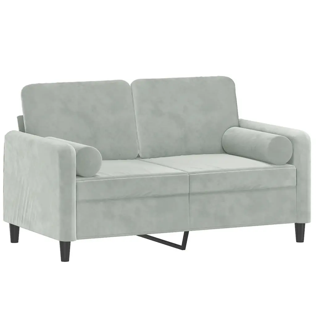 2-Seater Sofa Velvet Light Grey Modern Couch with Throw Pillows
