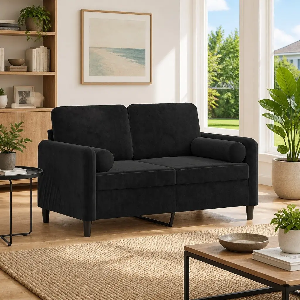 Velvet Upholstered 2-Seater Sofa 120cm Black Modern Lounge Couch with Decorative Throw Pillows