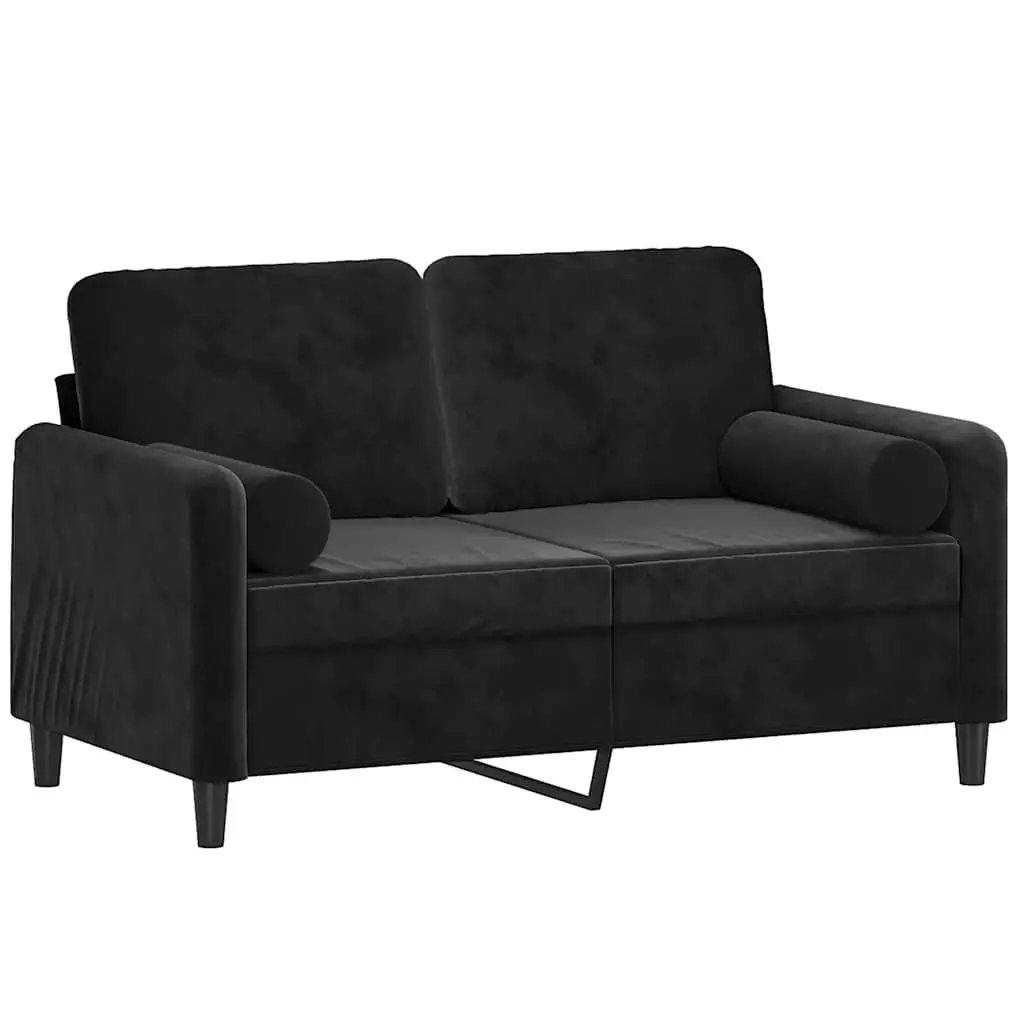 Velvet Upholstered 2-Seater Sofa 120cm Black Modern Lounge Couch with Decorative Throw Pillows
