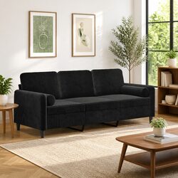 3-Seater Sofa Black Velvet 180cm Modern Lounge Couch with Throw Pillows Armrest