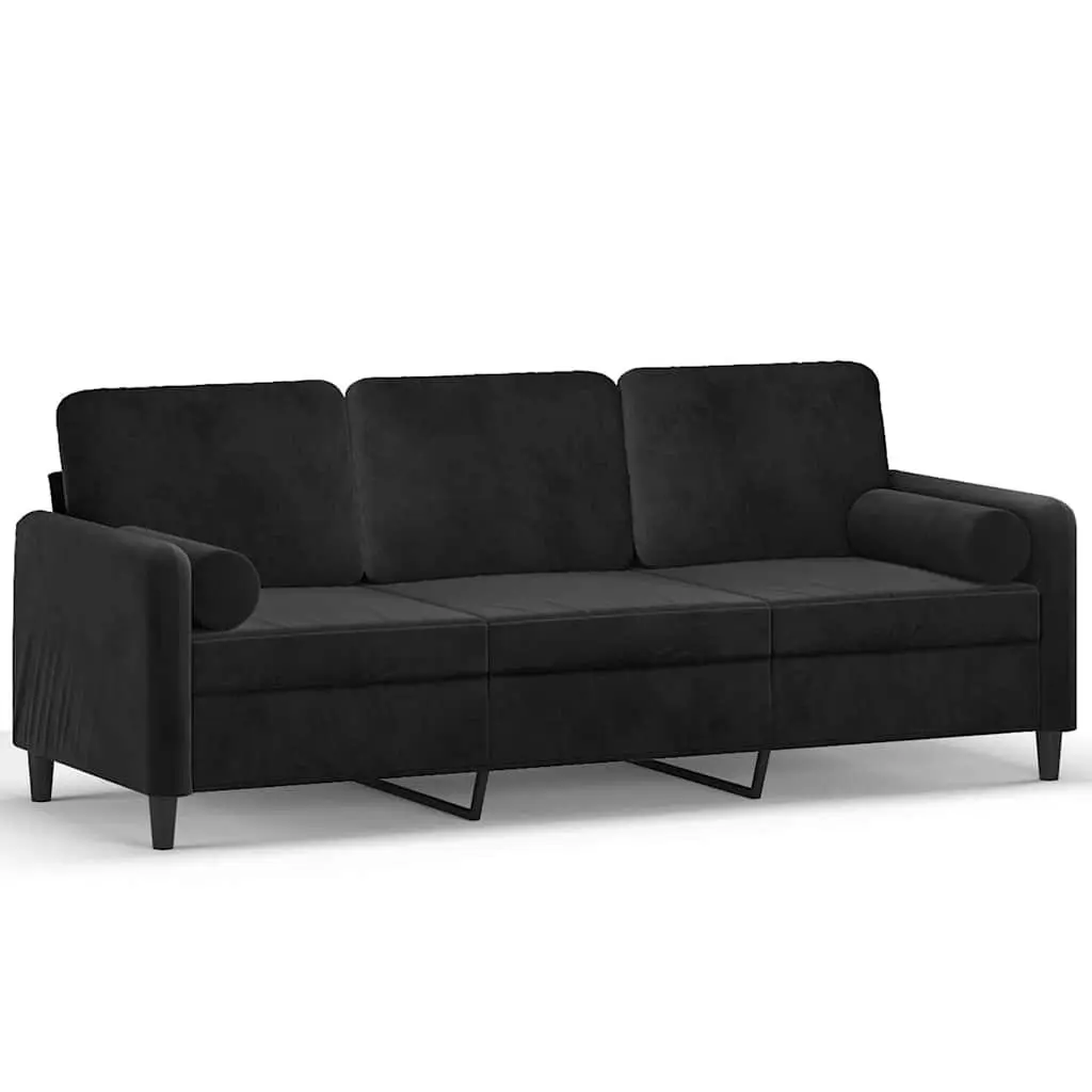 3-Seater Sofa Black Velvet 180cm Modern Lounge Couch with Throw Pillows Armrest