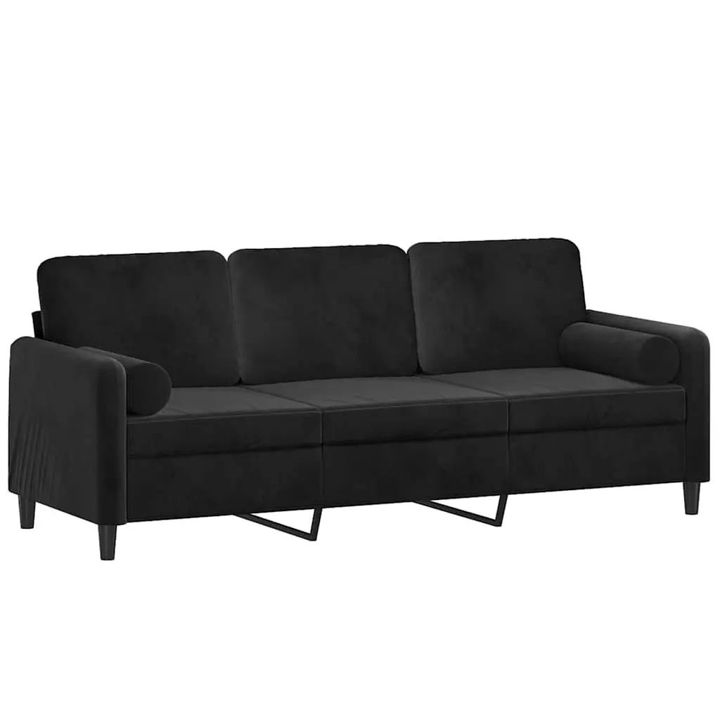 3-Seater Sofa Black Velvet 180cm Modern Lounge Couch with Throw Pillows Armrest
