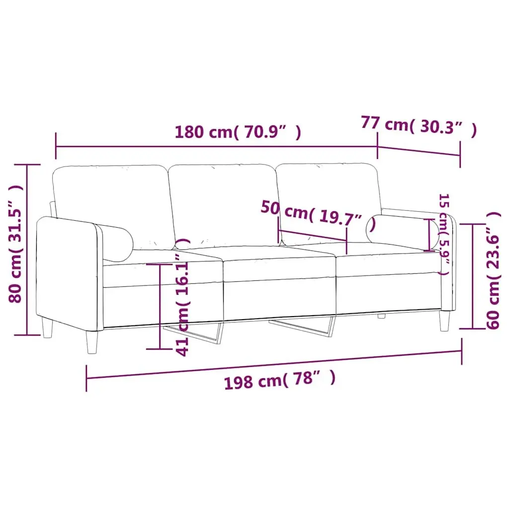 3-Seater Sofa Black Velvet 180cm Modern Lounge Couch with Throw Pillows Armrest