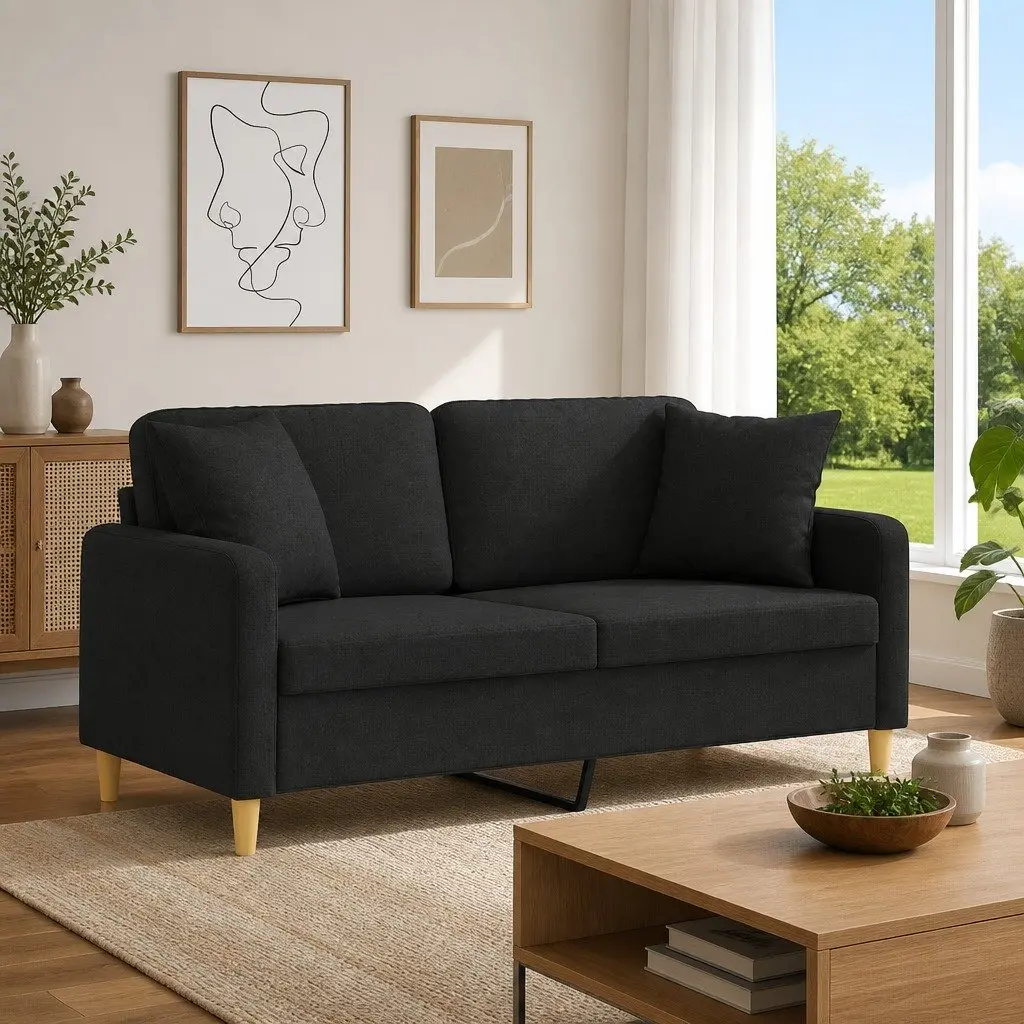 2-Seater Sofa Black Fabric 140cm Modern Lounge Couch