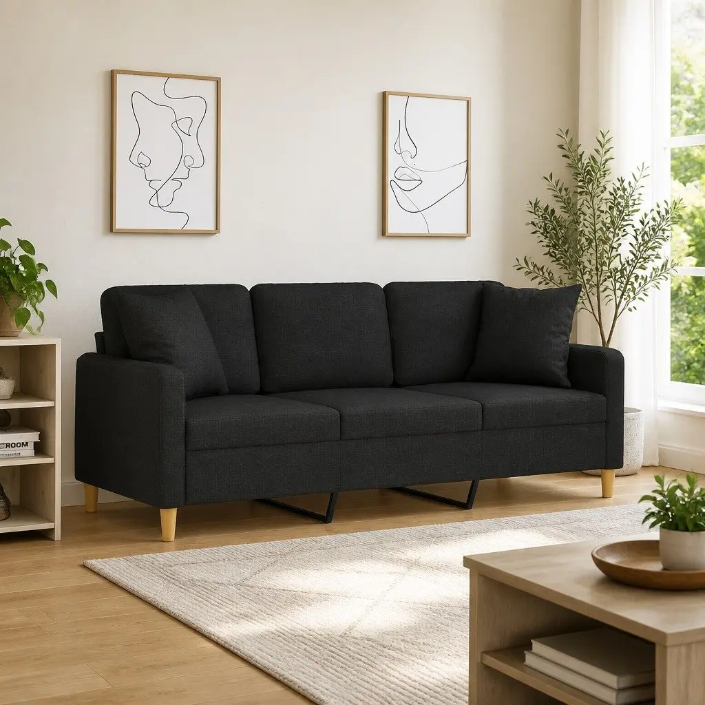 3-Seater Sofa Modern Design Black Fabric Lounge Couch with Throw Pillows 180cm
