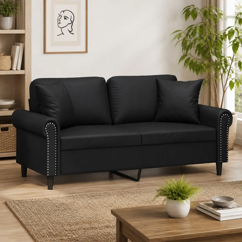 2-Seater Sofa Faux Leather 140cm Black Modern Lounge with Throw Pillows