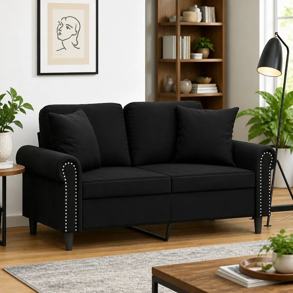 Lounge Couch Black Velvet 120cm 2-Seater Sofa with Decorative Throw Pillows