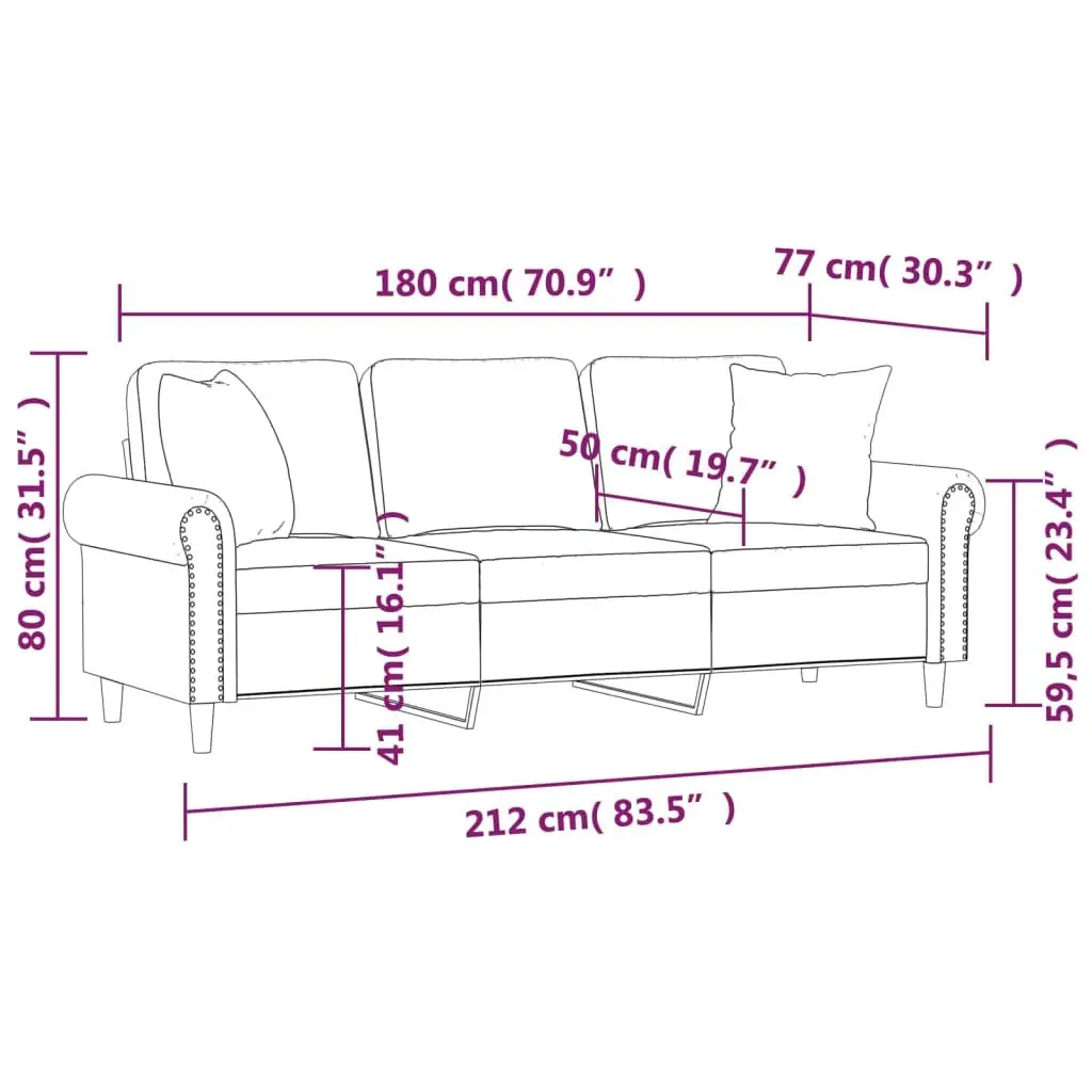 3-Seater Sofa Modern Living Room Furniture with Throw Pillows Grey 180cm