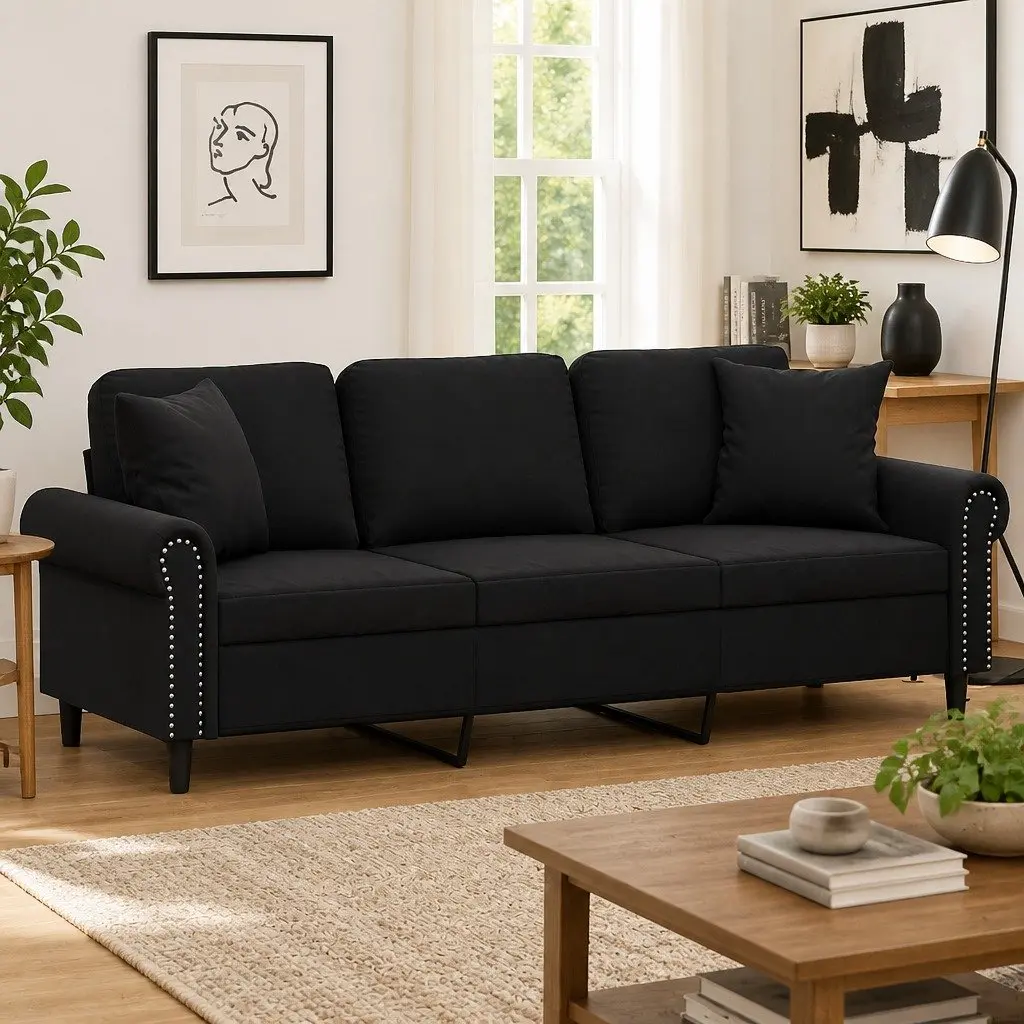3 Seater Velvet Sofa Black 180cm Modern Couch with Pillows