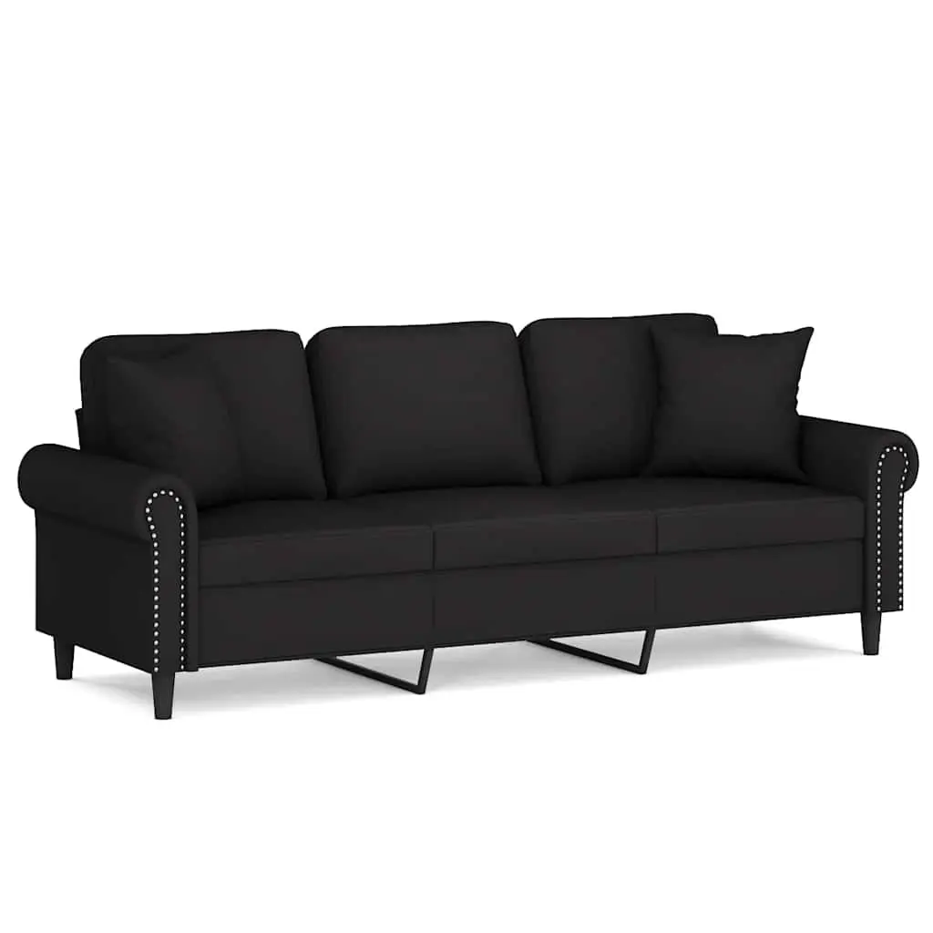 3 Seater Velvet Sofa Black 180cm Modern Couch with Pillows