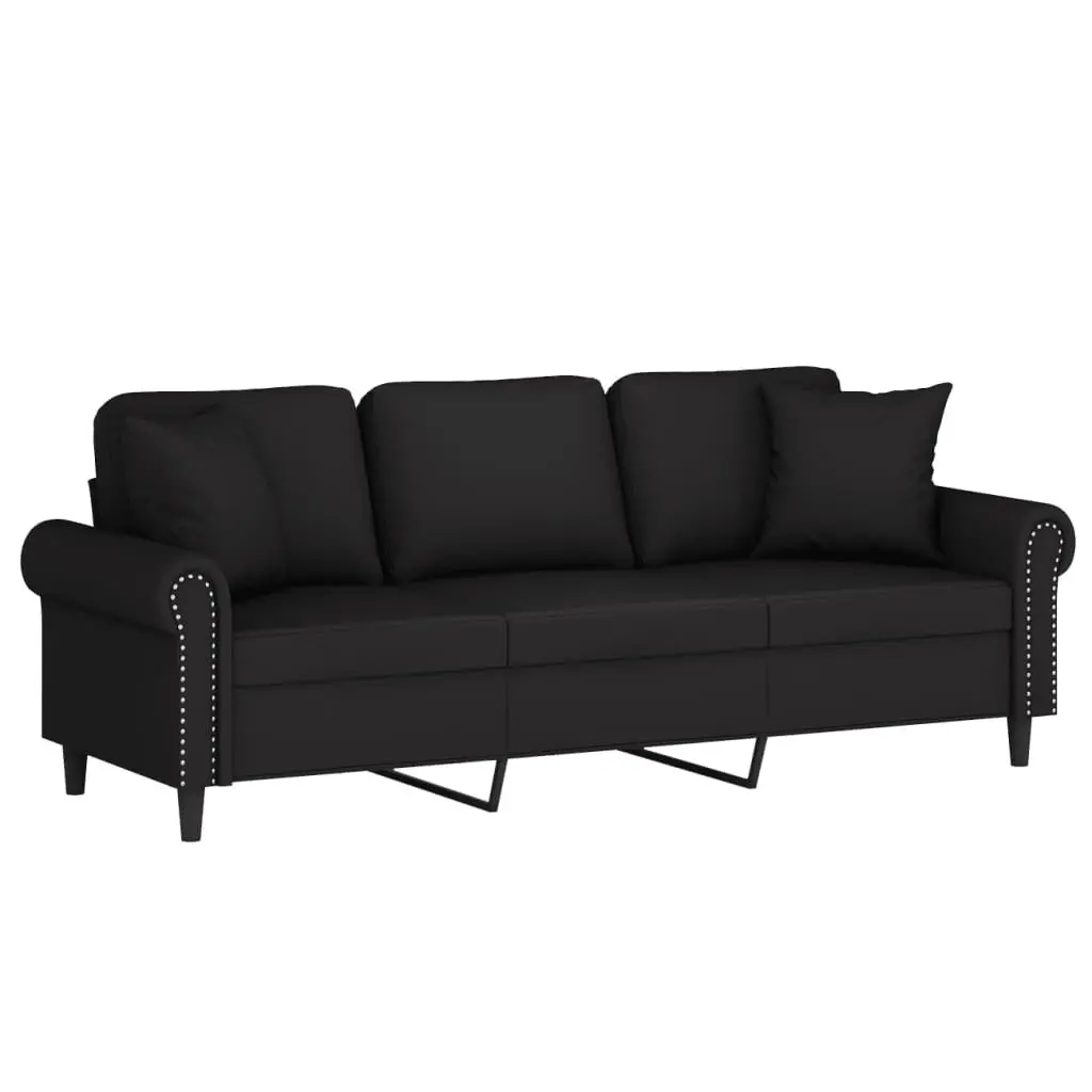 3 Seater Velvet Sofa Black 180cm Modern Couch with Pillows
