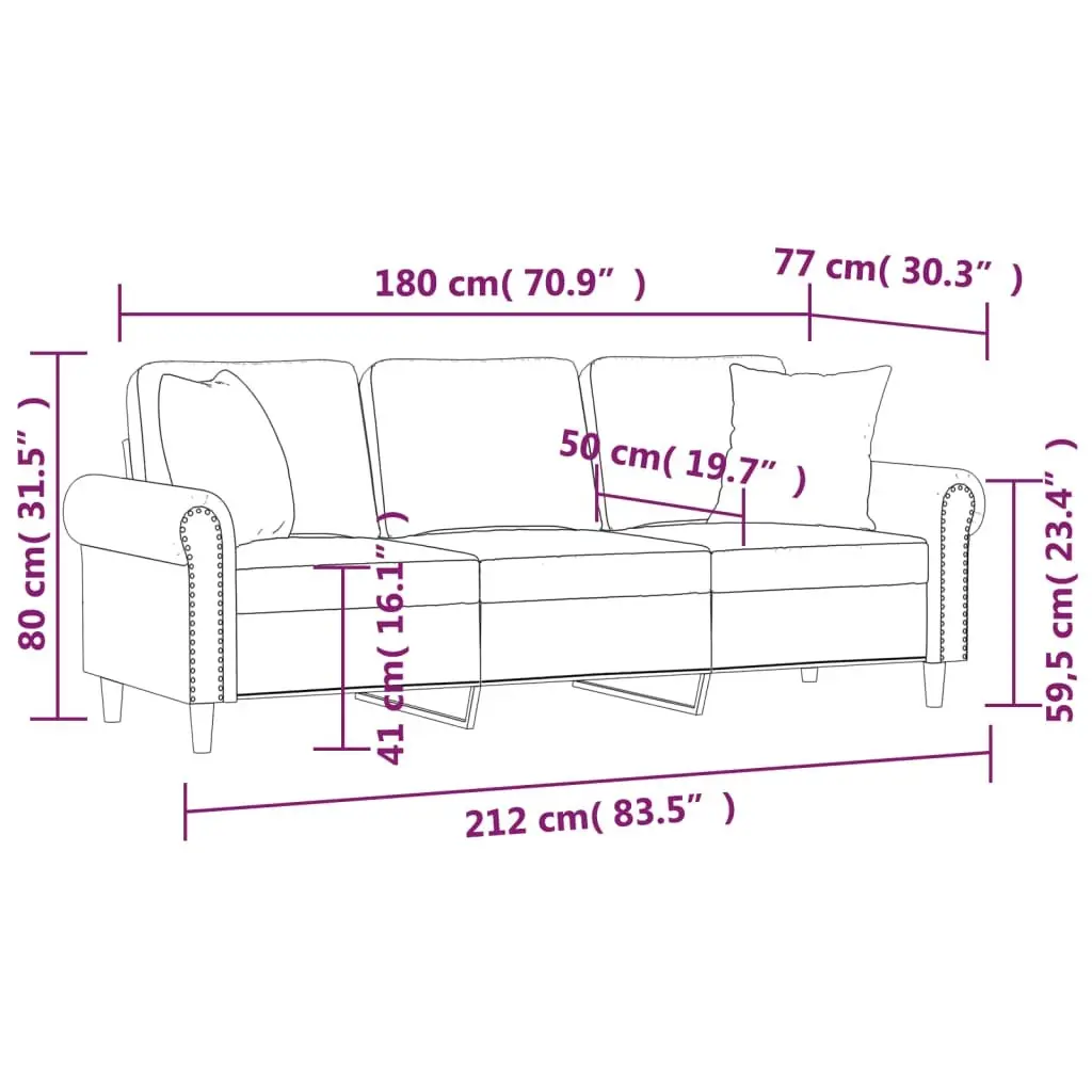 3 Seater Velvet Sofa Black 180cm Modern Couch with Pillows