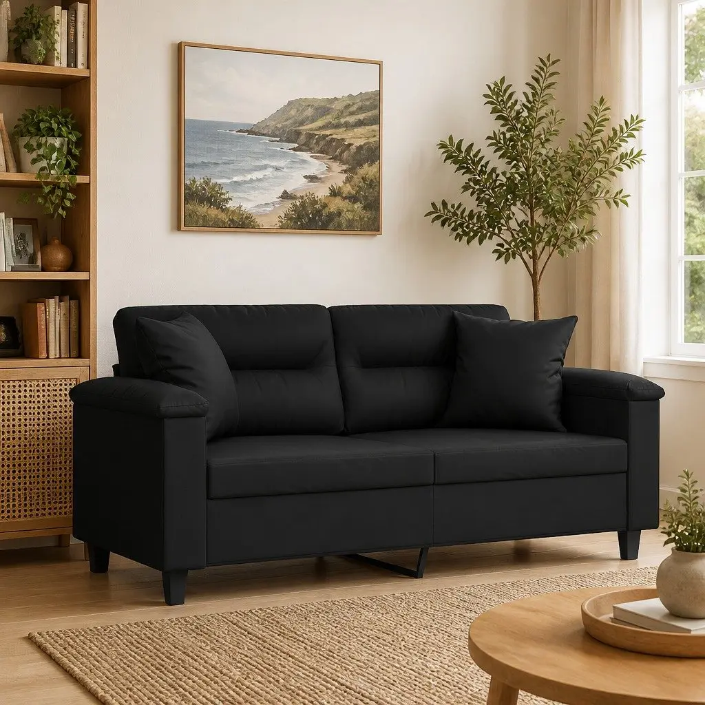 2-Seater Sofa Black Faux Leather Modern Lounge Couch with Throw Pillows 140cm