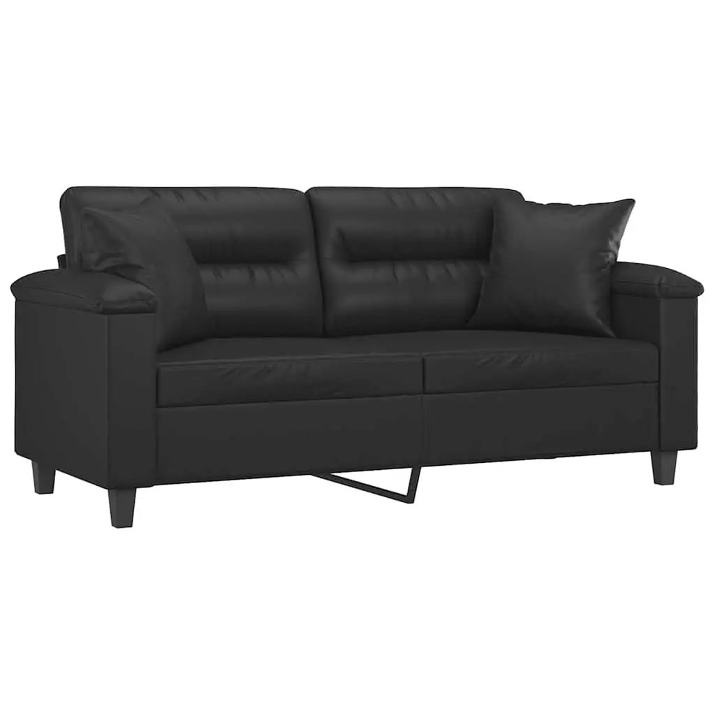 2-Seater Sofa Black Faux Leather Modern Lounge Couch with Throw Pillows 140cm