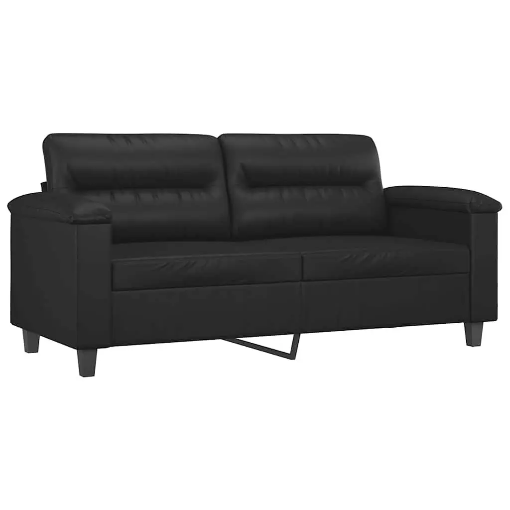 2-Seater Sofa Black Faux Leather Modern Lounge Couch with Throw Pillows 140cm