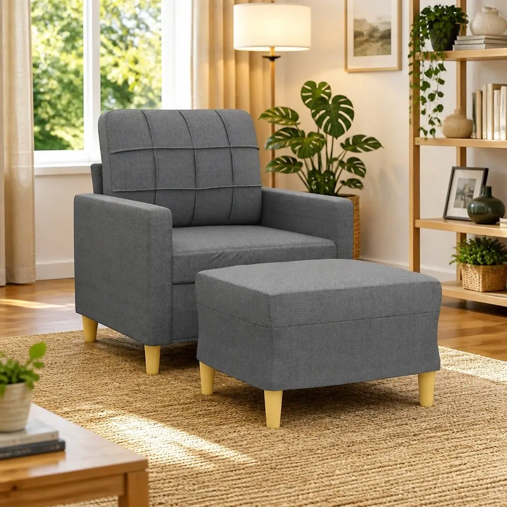 Grey Fabric Chair with Footstool for Home Use
