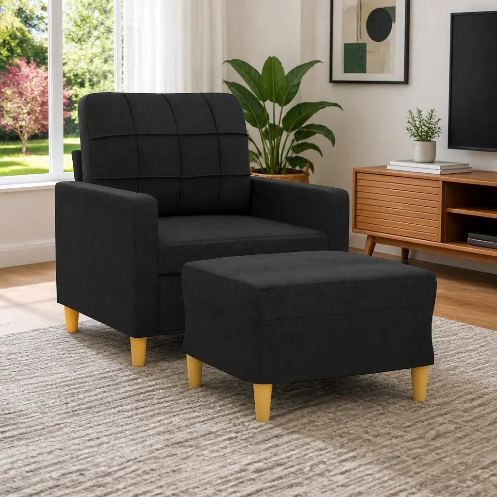 Sofa Chair Fabric Black Compact with Footstool Plywood and Metal Frame