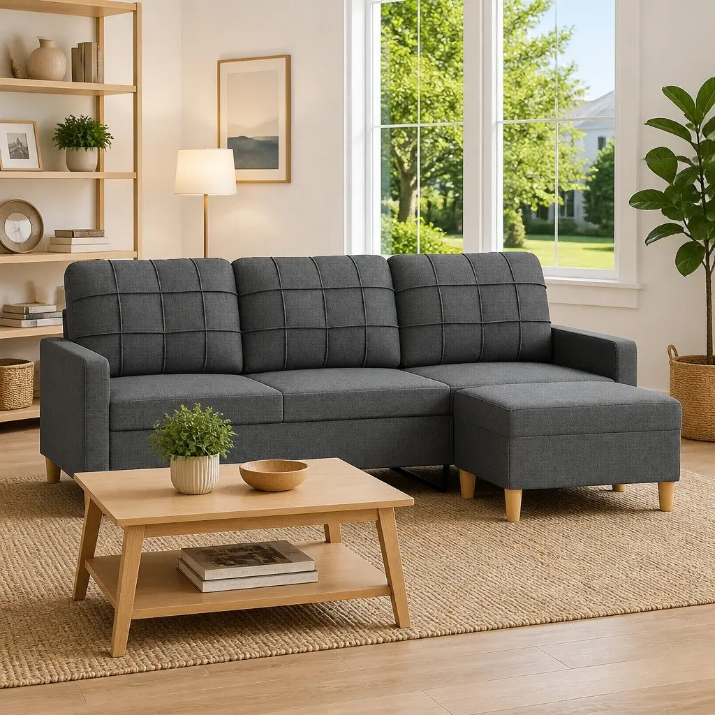 3 Seater Lounge Fabric Sofa Grey 180cm with Footstool Plywood and Metal Frame