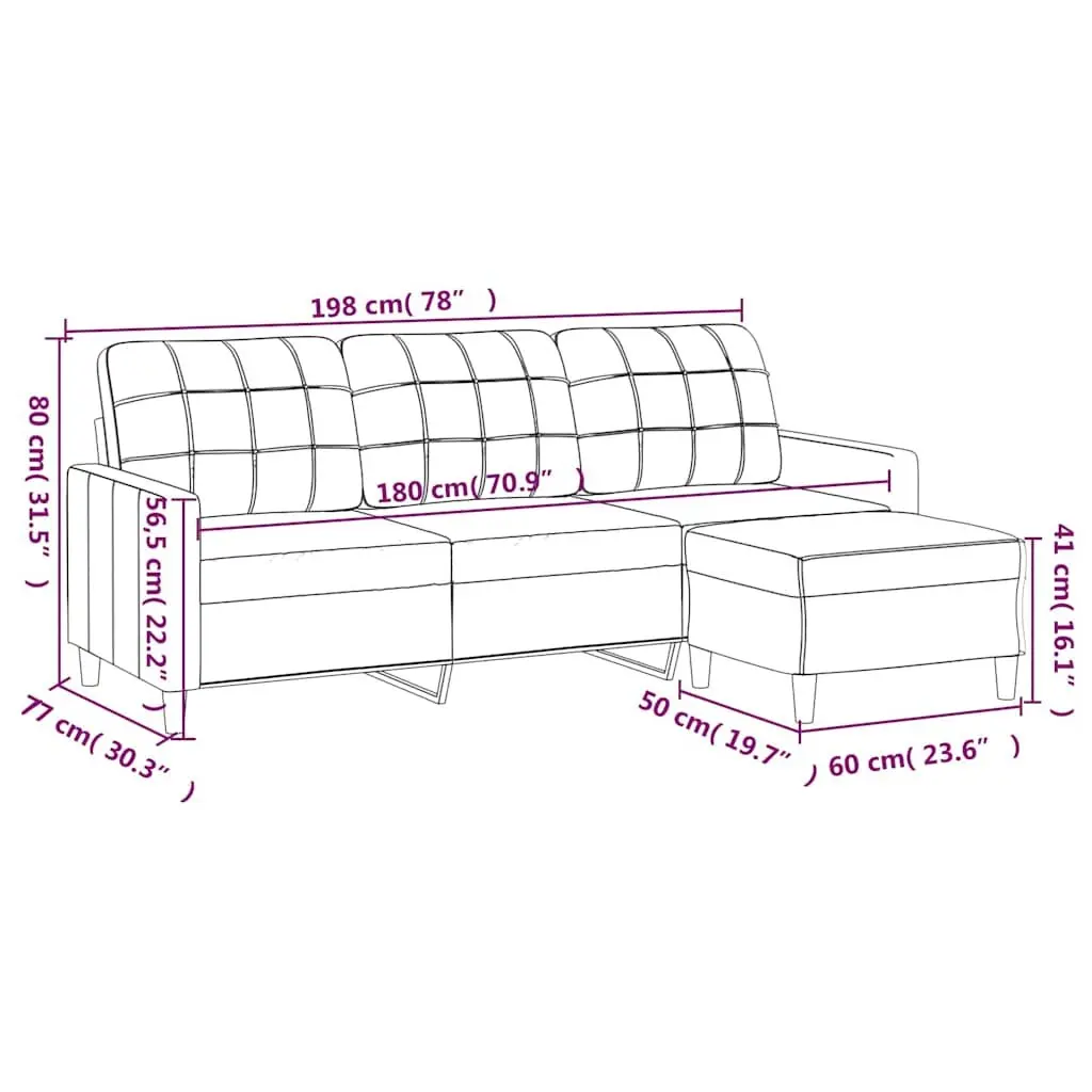 3-Seater Sofa with Footstool Black 180cm Living Room Furniture Lounge Couch