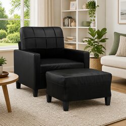 Sofa Chair with Footstool Black Faux Leather Armchair Lounge Seat Living Room