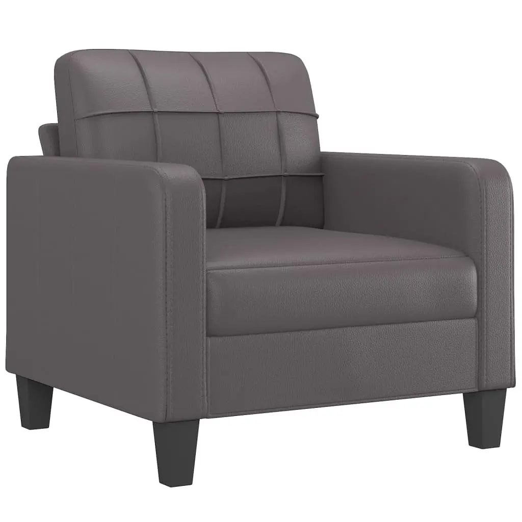 Sofa Chair with Footstool Grey Faux Leather Compact Living Room Armchair Seat