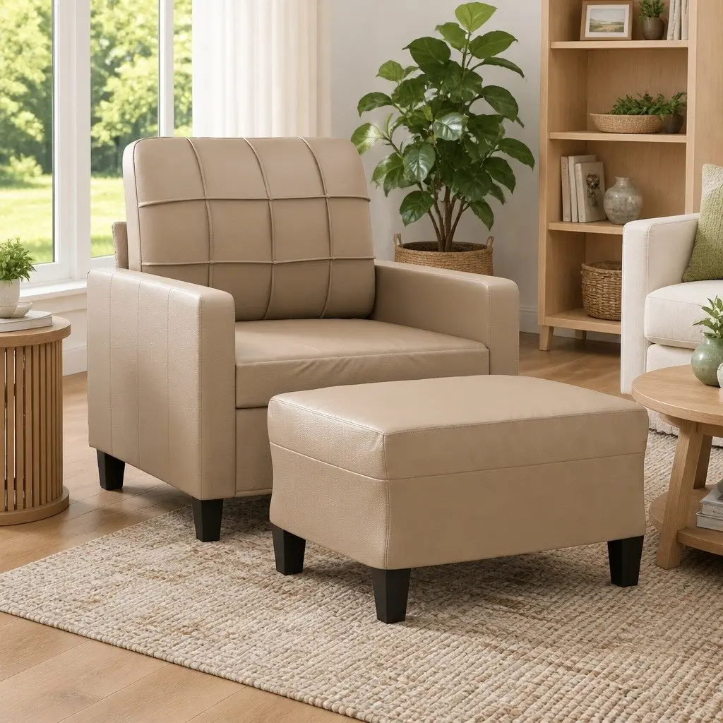 Sofa Chair Faux Leather Compact Brown with Footstool