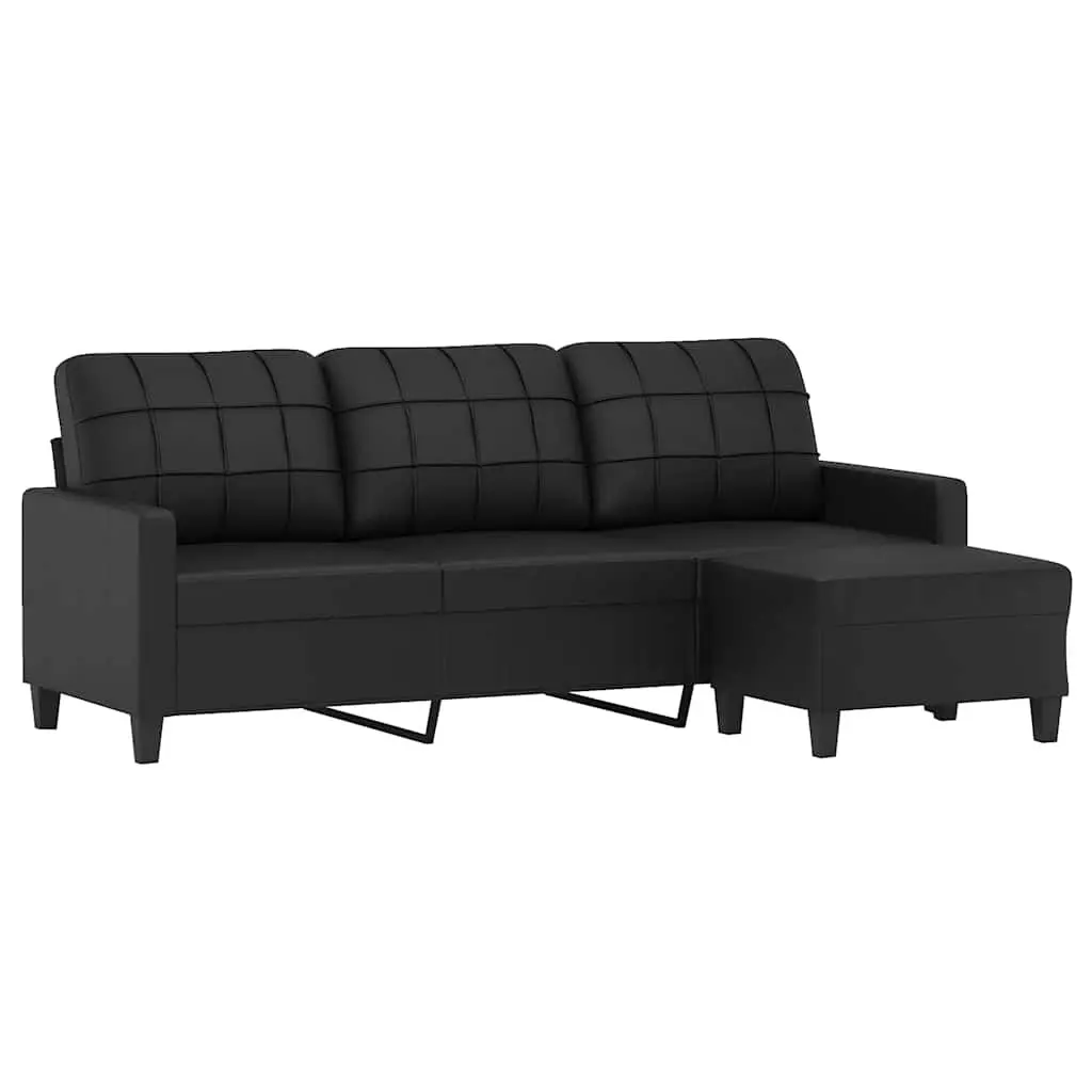 3-Seater Sofa with Footstool Black Faux Leather Living Room Furniture 180cm