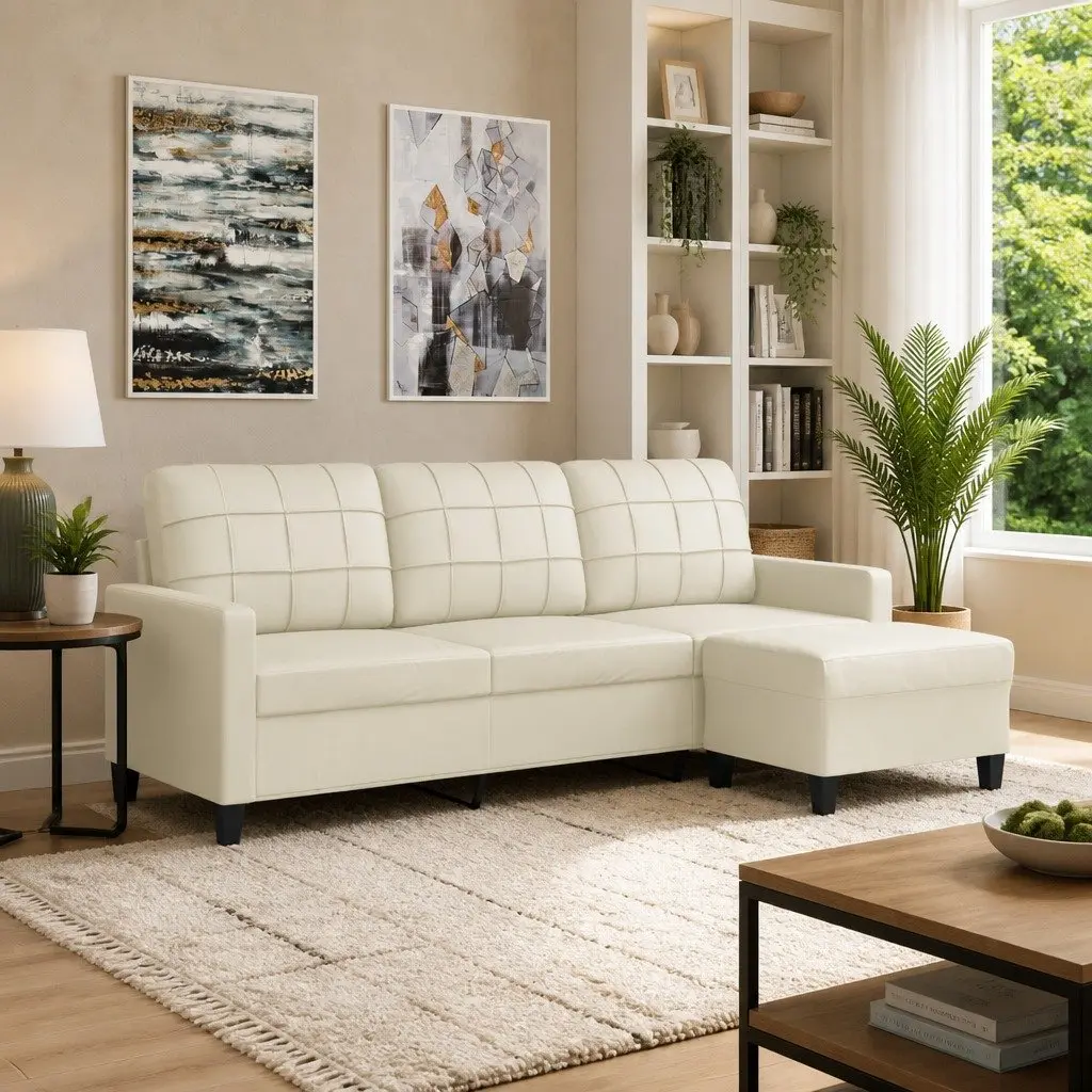 180cmFauxLeatherSofaCream3SeaterWithFootstoolLoungeCouchLivingRoom