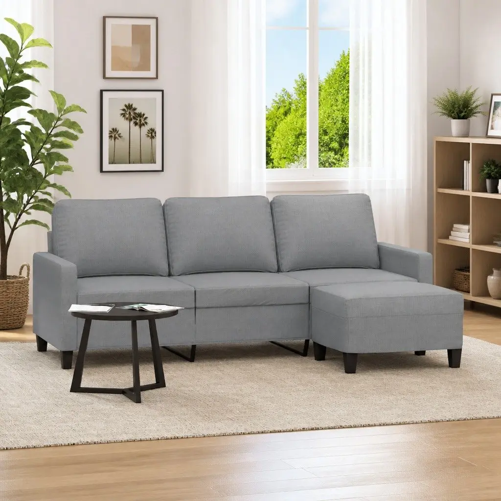 3-Seater Sofa with Footstool Grey Living Room Lounge Couch 180cm Fabric Seat
