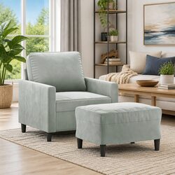 Practical Grey Velvet Sofa Chair with Footstool for Your Home