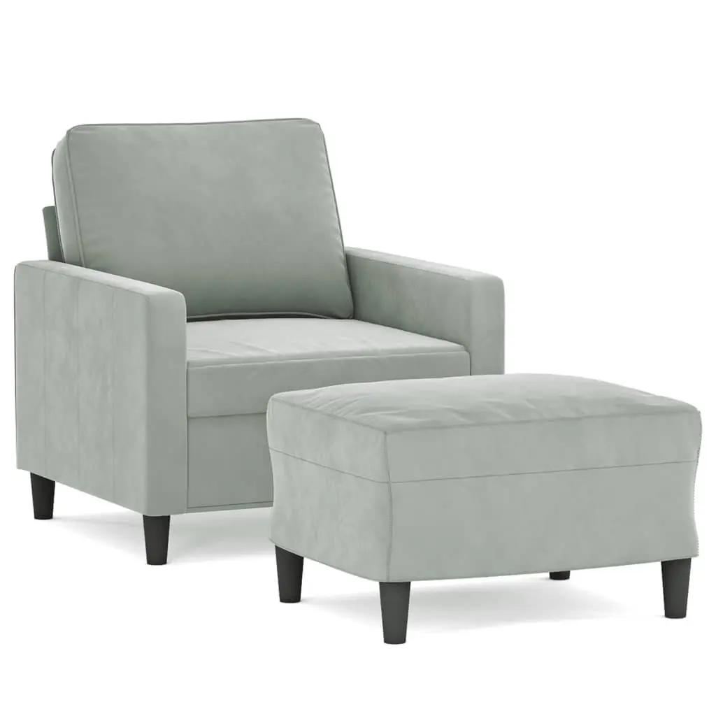 Sofa Chair Velvet 60cm Grey with Footstool Plywood and Metal Frame Compact Modern Living Room Armchair
