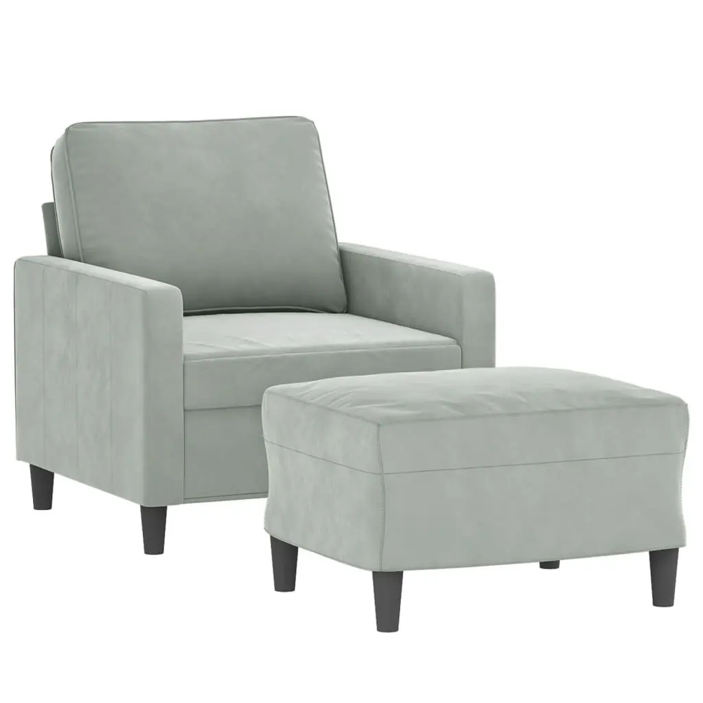 Sofa Chair Velvet 60cm Grey with Footstool Plywood and Metal Frame Compact Modern Living Room Armchair