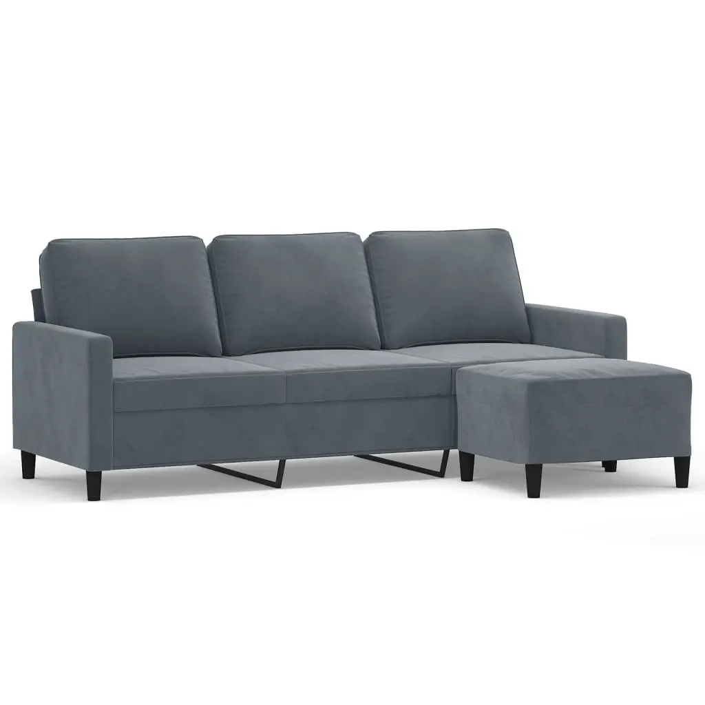 3-Seater Sofa with Footstool Grey Velvet Living Room Furniture 180cm