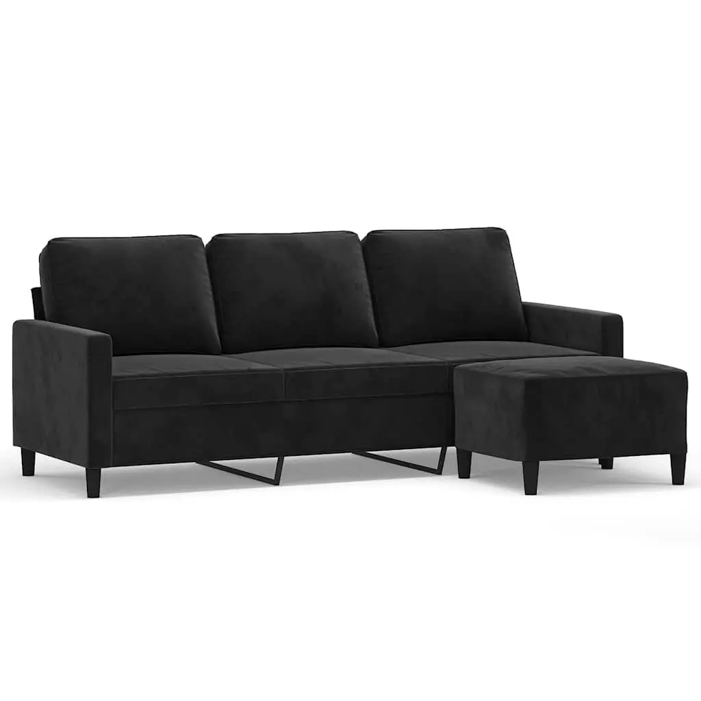 3-Seater Sofa with Footstool Black Velvet 180cm Lounge Couch Living Room