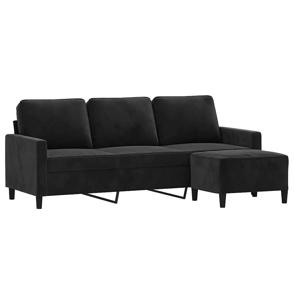 3-Seater Sofa with Footstool Black Velvet 180cm Lounge Couch Living Room